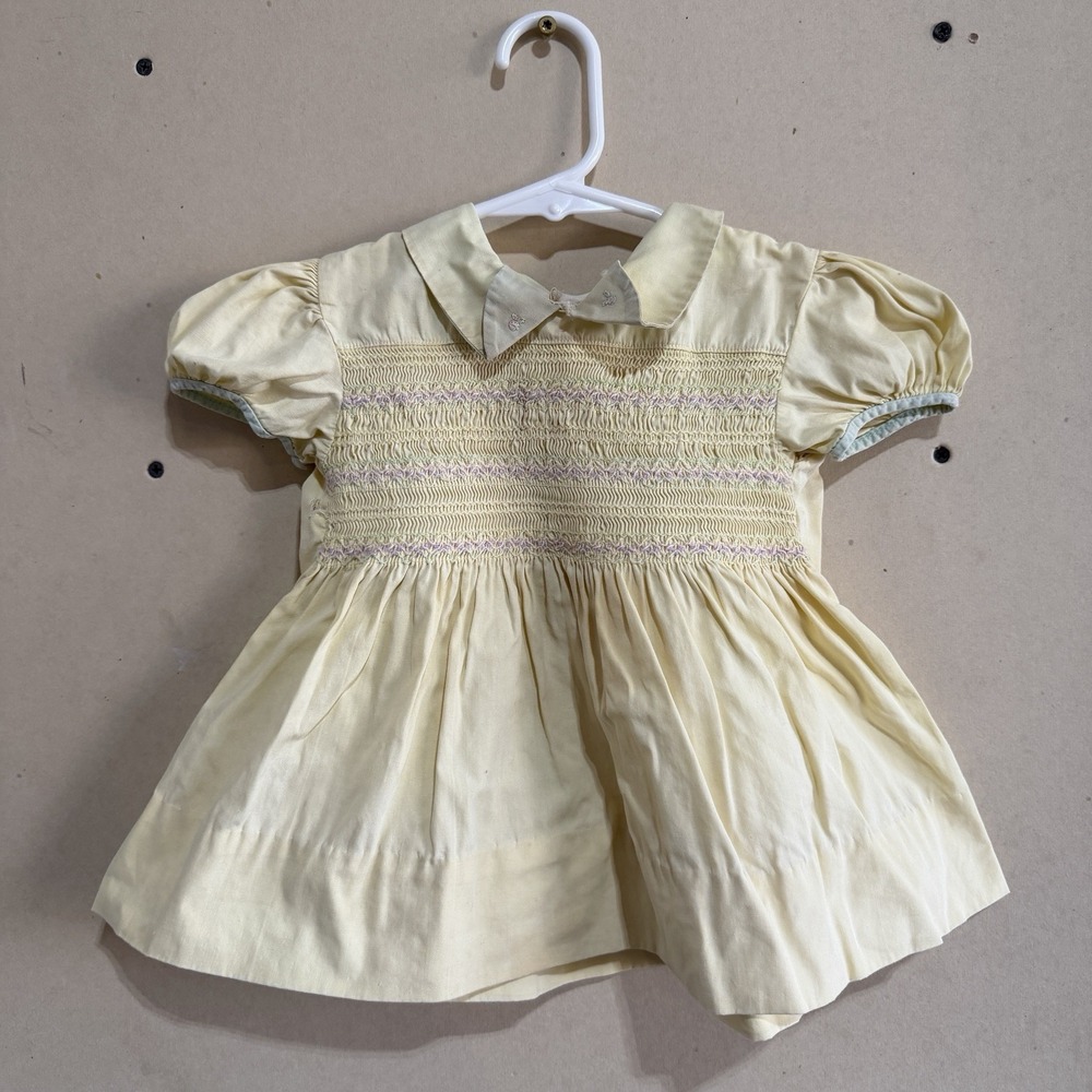 Vtg 50s Nannette Smocked Yellow Toddler Frock Dress Sz 2 Repair Flaws As-Is USA